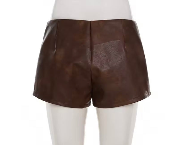 Women Brown Fashion Faux Leather Metal Ring Shorts