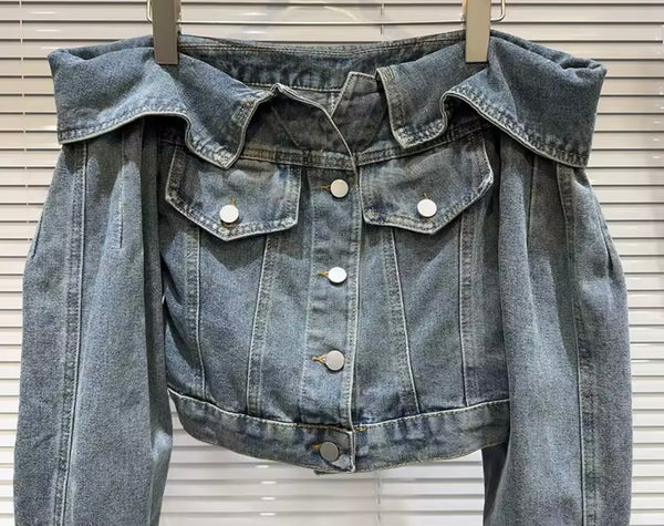 Women Fashion Off The Shoulder Button Up Denim Jacket
