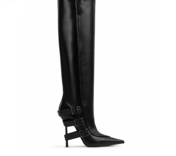 Women Black Buckled Pointed Toe Fashion Knee High Boots