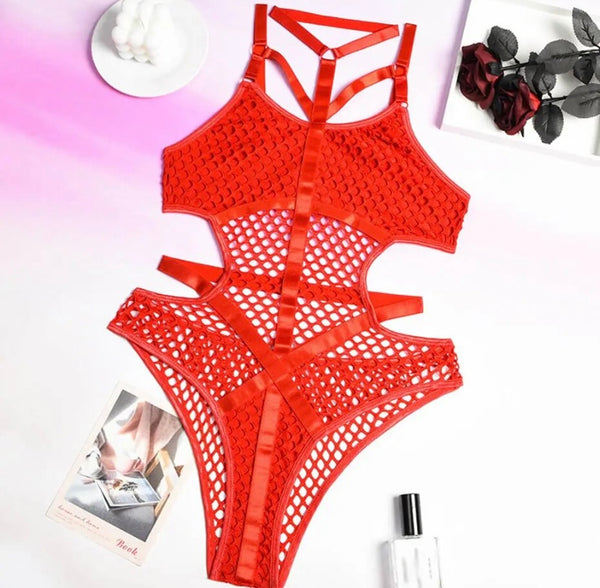 Women Sexy Sleeveless Netted Patchwork Bodysuit Lingerie