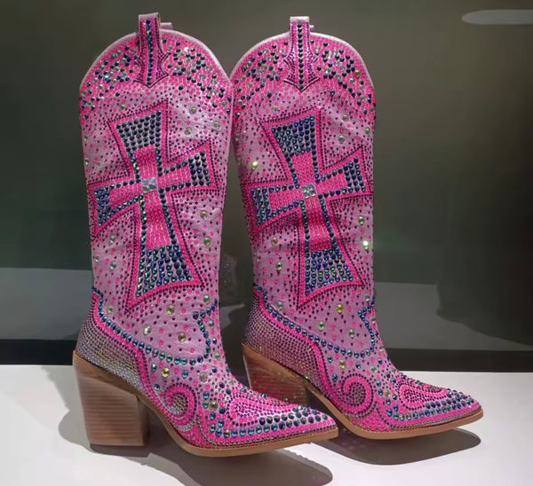 Women Fashion Colorful Print Bling Knee High Western Boots