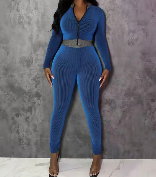Women Zip Up Striped Full Sleeve Fashion Two Piece Pant Set