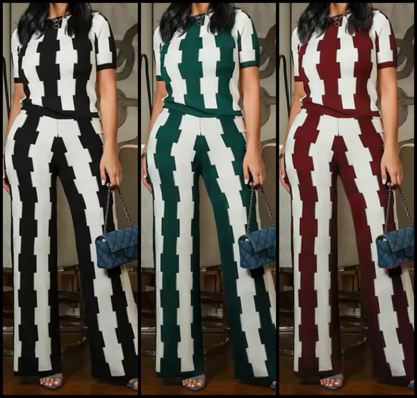 Women Short Sleeve Color Patchwork Striped Two Piece Pant Set