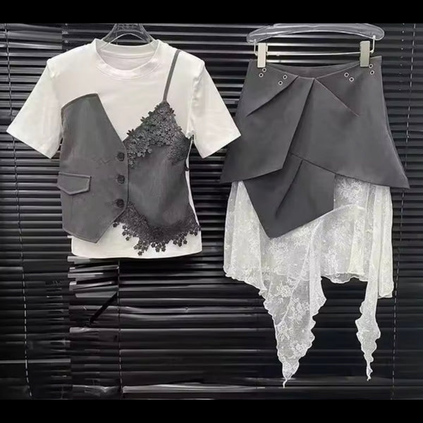 Women Color Patchwork Short Sleeve Two Piece Skirt Set
