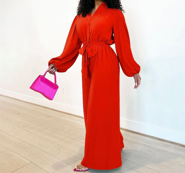 Women Fashion Button Up Solid Color Belted Full Sleeve Jumpsuit