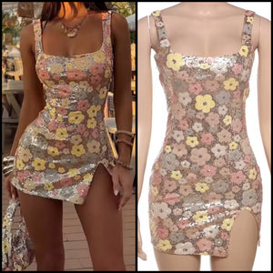 Women Sexy Sleeveless Sequins Floral Dress