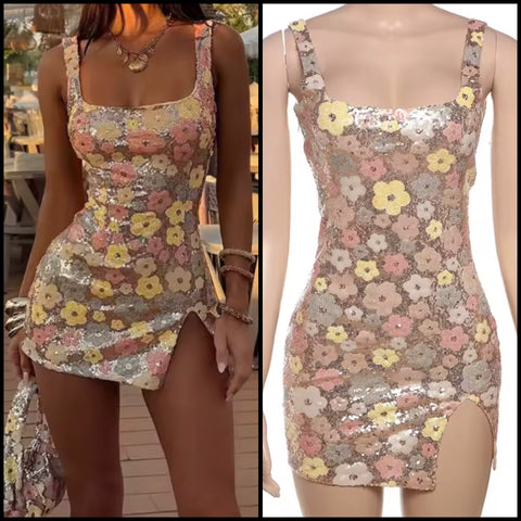 Women Sexy Sleeveless Sequins Floral Dress