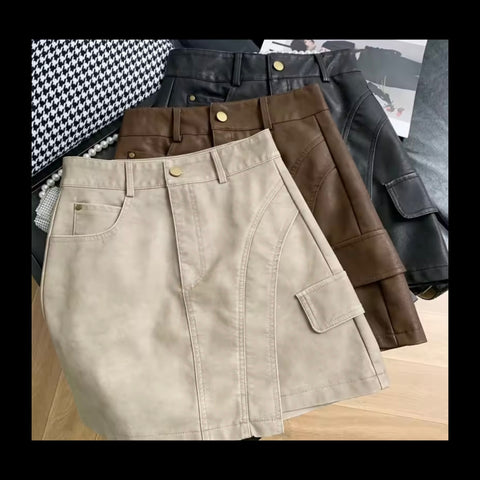 Women Fashion Color PU Leather Skirt