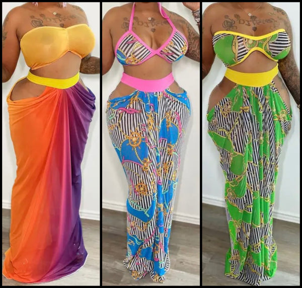 Women Sexy Strapless Multicolored Two Piece Maxi Skirt Set