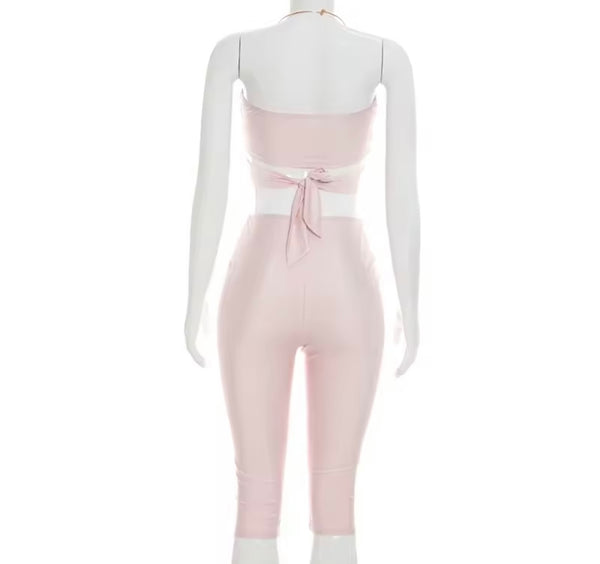 Women Sexy Halter Sleeveless Wrap Crop Two Piece Capri Pant Set