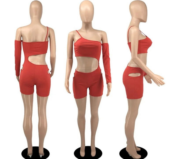Women Sexy Solid Color One Shoulder Cut Out Romper