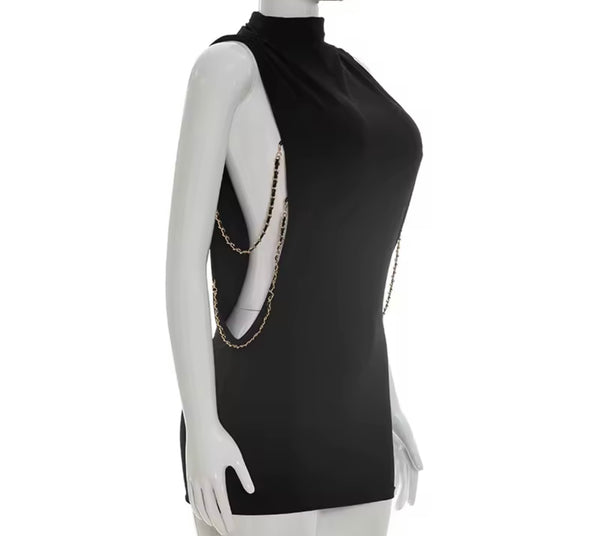Women Sexy Black Sleeveless Chain Short Dress
