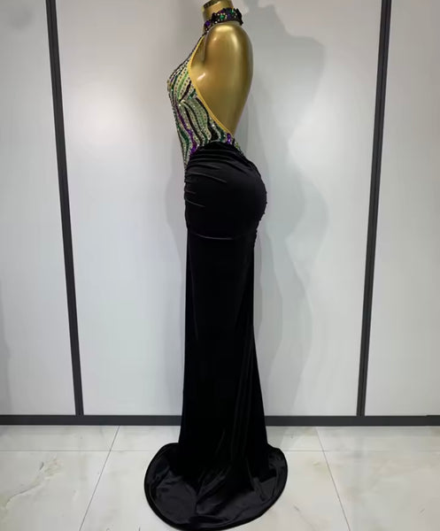 Women Halter Sleeveless Velvet Multicolored Rhinestone Maxi Dress