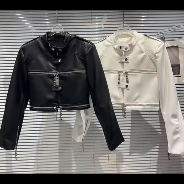 Women Fashion Zipper Faux Leather Jacket