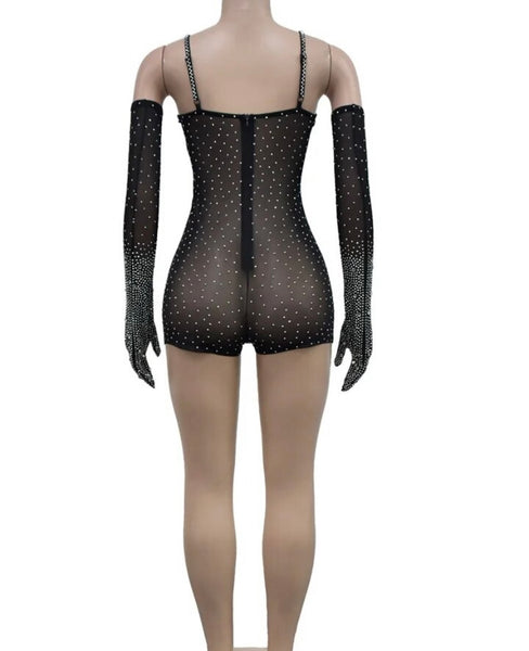 Women Sexy Sleeveless Glove Bling Mesh Romper