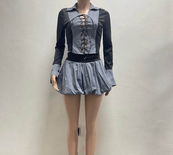 Women Sexy Lace Up Full Sleeve Color Patchwork Two Piece Skirt Set