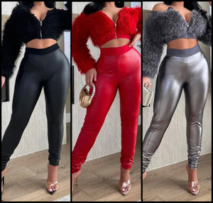 Women Sexy Two Piece Faux Fur Zip Up Full Sleeve PU Pant Set