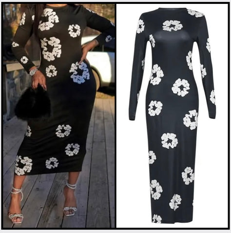 Women Sexy Black Floral Print Full Sleeve Maxi Dress