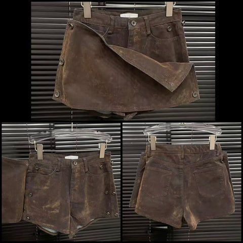 Women Brown Button Detachable Wrap Shorts