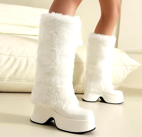 Women Color Fashion Furry Faux Leather Platform Knee High Boots