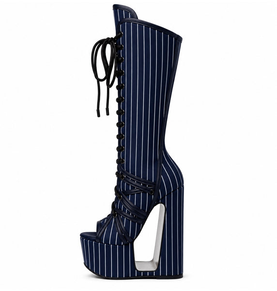Women Fashion Striped Open Toe Platform Wedge Tie Up Boots
