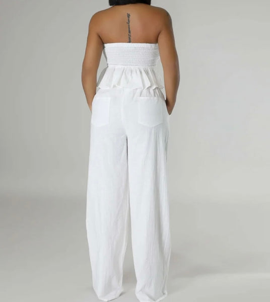 Women Sexy Ruffled Strapless Two Piece Wide Leg Pant Set
