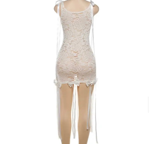 Women Sexy Sleeveless Lace Bow Tassel Dress