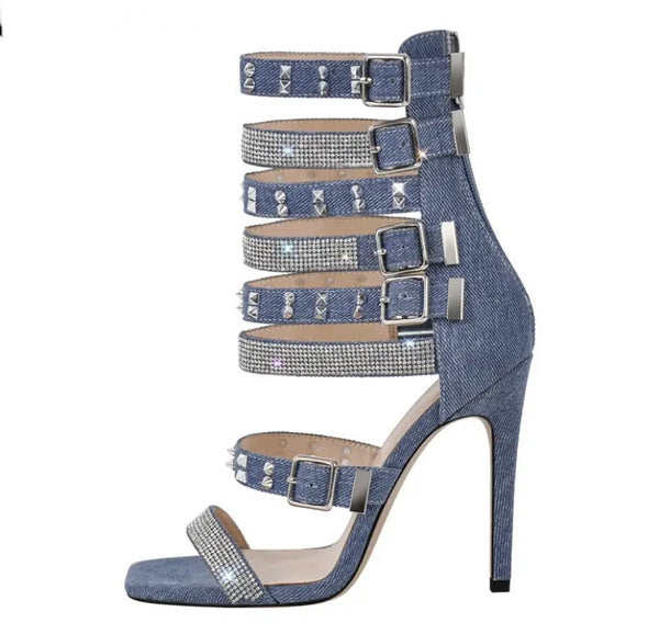 Women Fashion Denim Bling Rivet Buckled Sandals