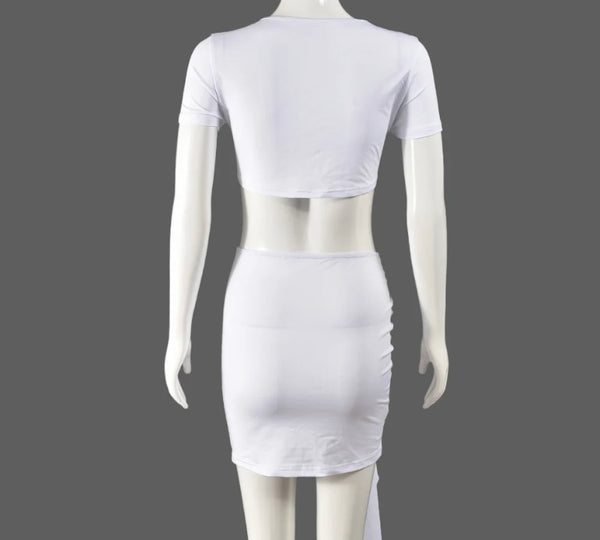 Women White Sexy Short Sleeve Two Piece Skirt Set