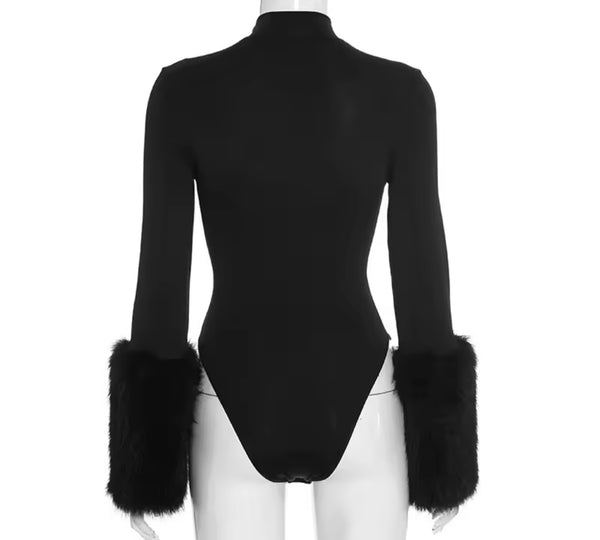 Women Fur Full Sleeve Bodysuit Fashion Two Piece Skirt Set