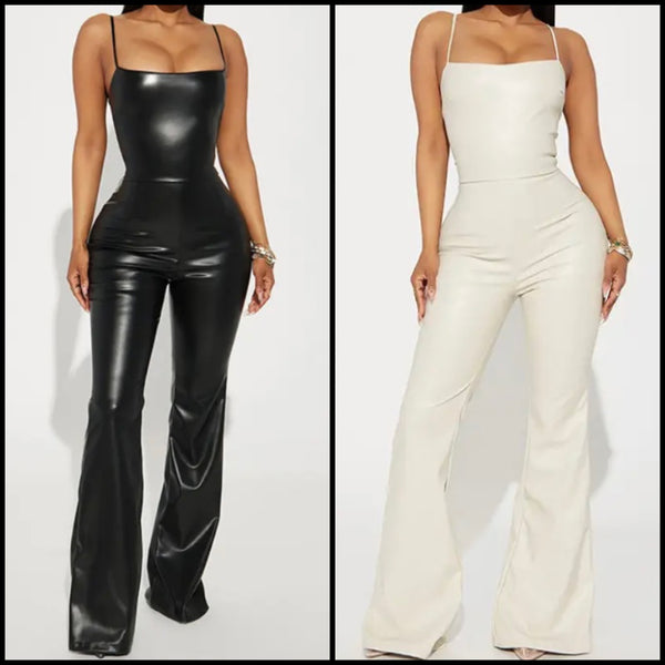 Women Sexy PU Solid Color Sleeveless Jumpsuit
