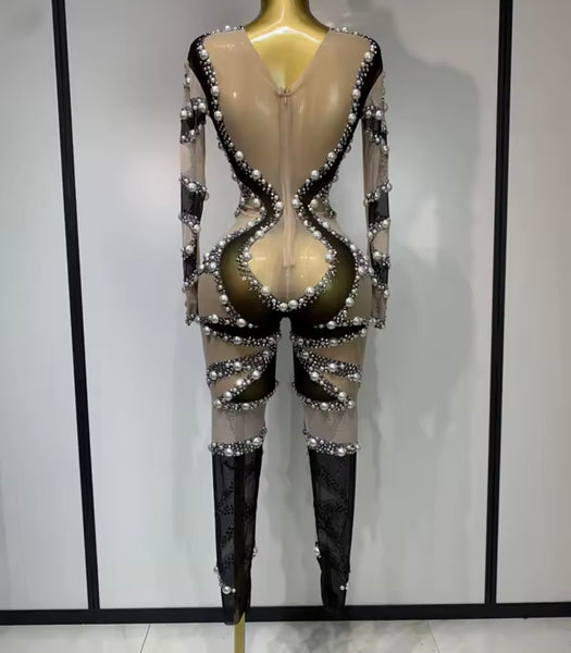 Women Sexy Black Pearl Rhinestone Mesh Patchwork Jumpsuit