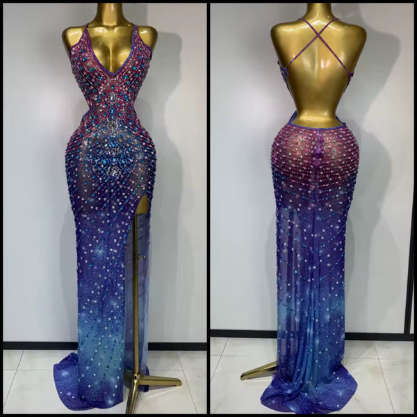 Women Sexy Halter Open Back Multicolored Rhinestone Maxi Dress