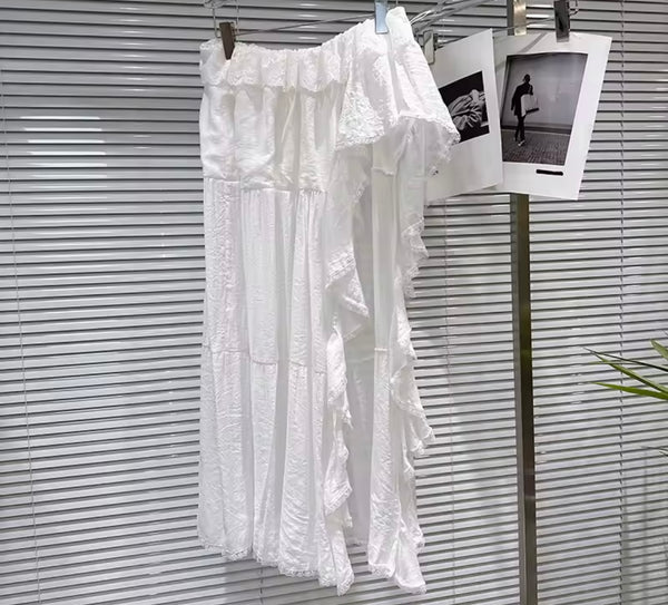 Women White Full Sleeve Wrap Top Two Piece Asymmetrical Skirt Set