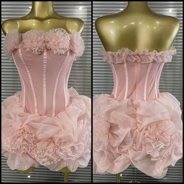 Women Pink Sexy Floral Strapless Mesh Dress