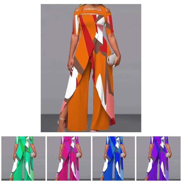 Women Fashion Printed Asymmetrical Two Piece Pant Set