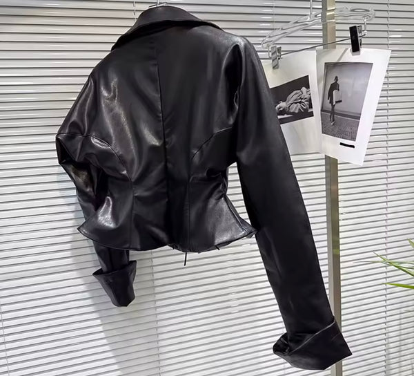 Women Fashion Black Lace Up Full Sleeve Faux Leather Top