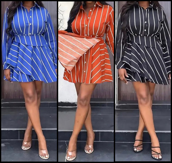 Women Button Up Striped Full Sleeve Fashion Dress