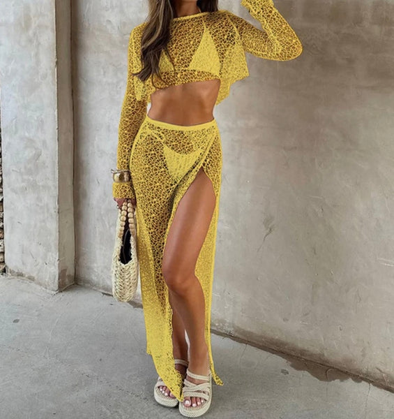 Women Sexy See Through Lace Full Sleeve Two Piece Beachwear Cover Up