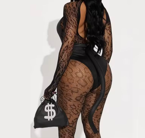 Women Black Sexy Money Lace Bodysuit Five Piece Lingerie Set Costume