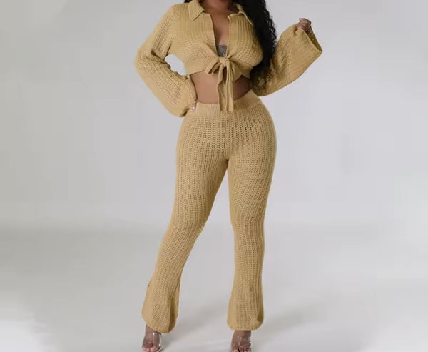 Women Knitted Tie Up Full Sleeve Crop Two Piece Fashion Pant Set