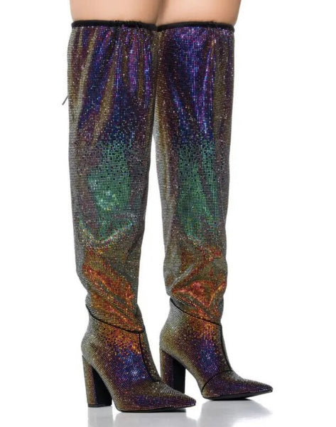 Women Colorful Bling Drawstring Knee High Boots