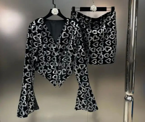 Women Sexy Sequins Heart Print Two Piece Full Sleeve Skirt Set