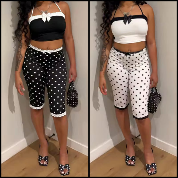 Women Sleeveless B&W Polka Dot Crop Tank Two Piece Capri Pant Set