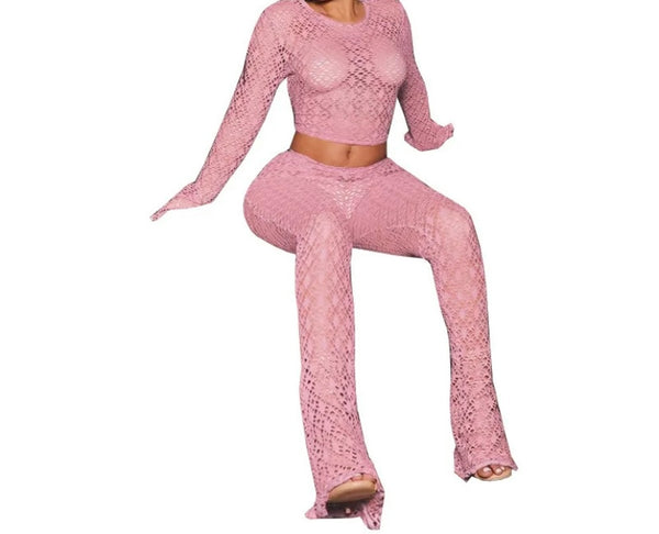 Women Sexy Solid Color Full Sleeve Two Piece Pant Set