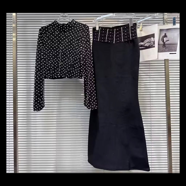 Women Fashion Pearl Full Sleeve Two Piece Maxi Skirt Set