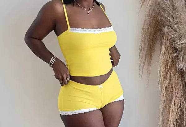 Women Sexy Sleeveless Color Lace Patchwork Two Piece Short Set