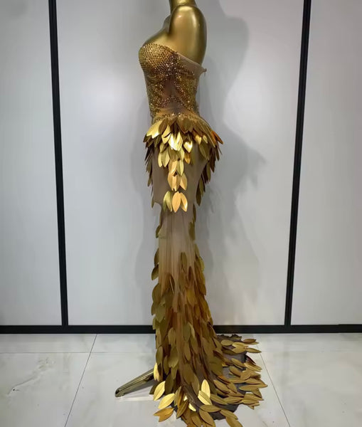 Women Gold Sexy Strapless Sequins Rhinestone Mesh Maxi Dress