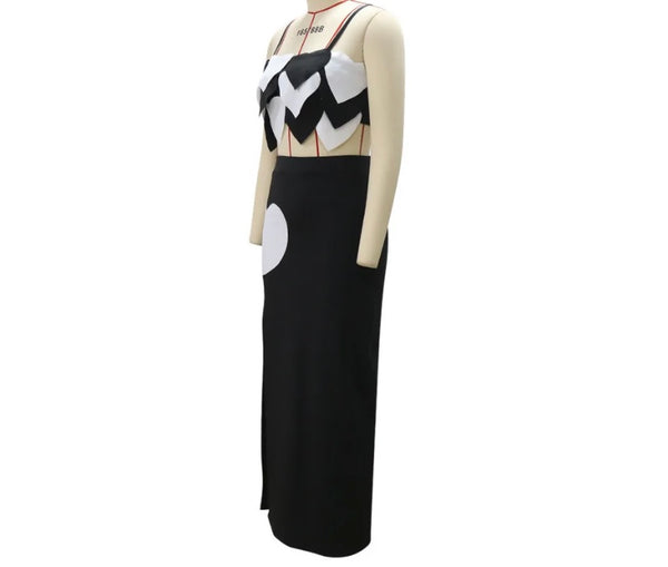 Women Sexy Sleeveless B&W Heart Two Piece Maxi Skirt Set