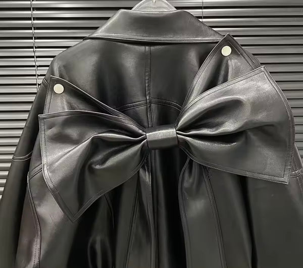 Women Black Detachable Bow Fashion Faux Leather Jacket